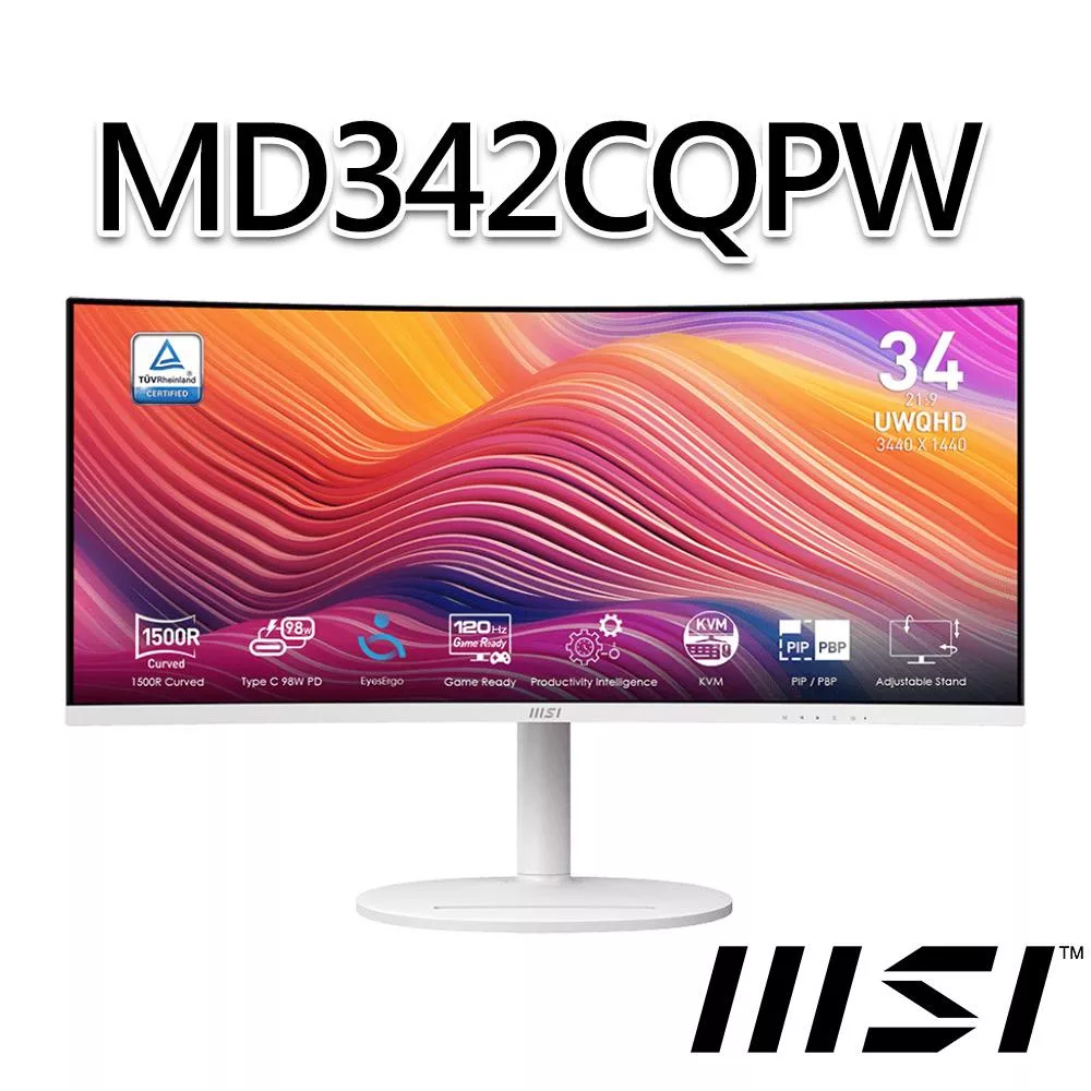 msi微星 Modern MD342CQPW 34吋 白色 曲面螢幕 (34"/3440x1440/21:9/120Hz/曲面/有喇叭/白色)