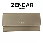 【ZENDAR】限量1折 頂級小牛皮十字紋翻蓋長夾 米蘭系列 全新專櫃展示品(米灰色 送禮盒提袋)
