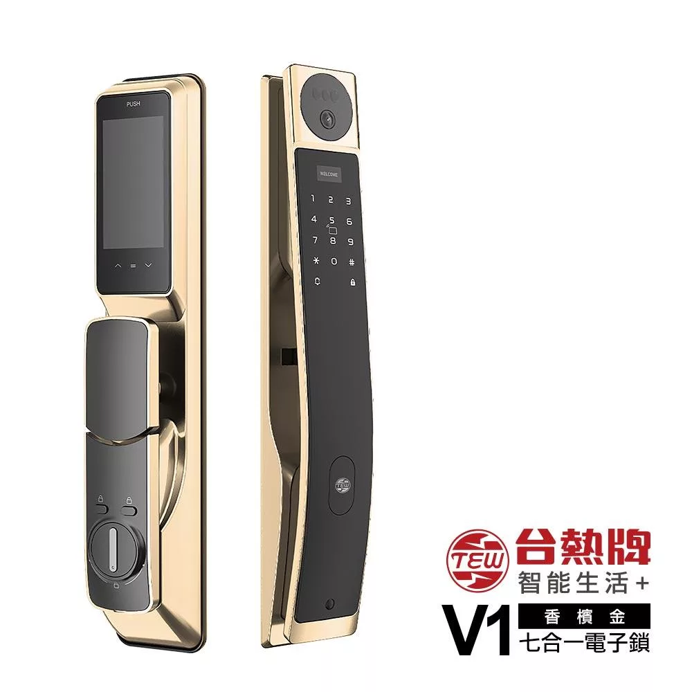 TEW 台熱牌 智能7合1推拉式電子鎖/門鎖(V1)(人臉/指靜脈/密碼/卡片/鑰匙/APP遠端開門/雙向通話)(附基本安裝) 香檳金