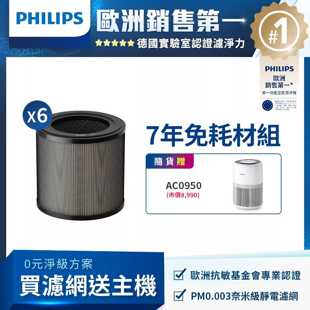 【飛利浦 PHILIPS】買濾網送主機(AC0950)★奈米級勁護濾網-FY0910 6入(適用型號: AC0950)