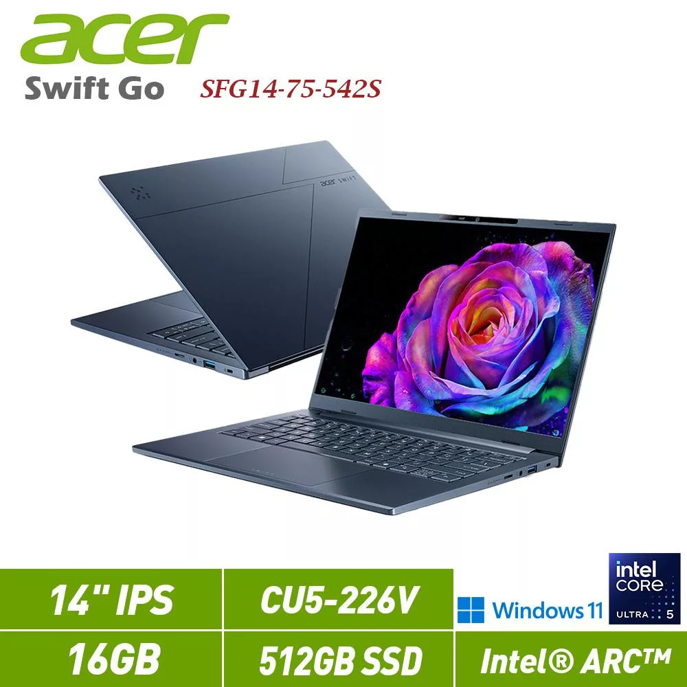 ★贈ACER滑鼠★ ACER 宏碁 Swift GO SFG14-75-542S 藍 14吋筆電(CU5-226V/16G/512G/W11/2年保)