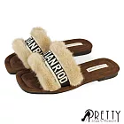 【Pretty】女 拖鞋 平底拖鞋 毛毛拖鞋 室內拖鞋 絨毛 方頭 JP23 卡其色