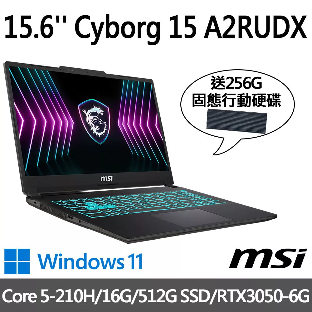 (送256G行動碟)msi微星 Cyborg 15 A2RUDX-2288TW 15.6吋(Core 5-210H/16G/512G SSD/RTX3050/W11)